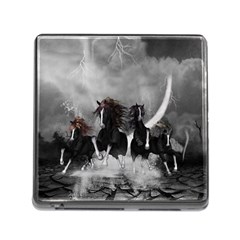 Awesome Wild Black Horses Running In The Night Memory Card Reader (square)