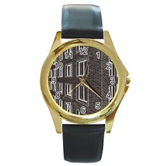 Graphics House Brick Brick Wall Round Gold Metal Watch by Nexatart