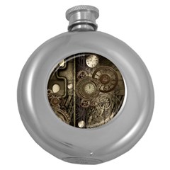 Stemapunk Design With Clocks And Gears Round Hip Flask (5 Oz) by FantasyWorld7