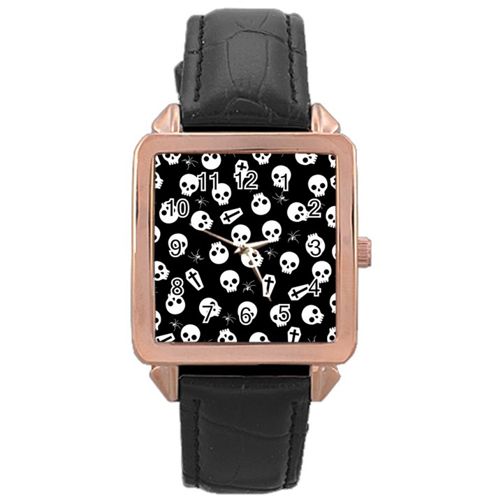 Skull, spider and chest  - Halloween pattern Rose Gold Leather Watch 