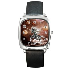 Steampunk, Awesome Steampunk Horse With Clocks And Gears In Silver Square Metal Watch by FantasyWorld7