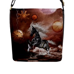 Steampunk, Awesome Steampunk Horse With Clocks And Gears In Silver Flap Messenger Bag (l)  by FantasyWorld7