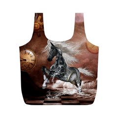 Steampunk, Awesome Steampunk Horse With Clocks And Gears In Silver Full Print Recycle Bags (m)  by FantasyWorld7