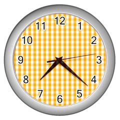 Pale Pumpkin Orange And White Halloween Gingham Check Wall Clocks (silver) 