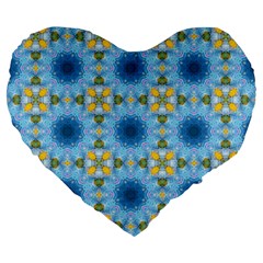 blue nice Daisy flower ang yellow squares Large 19  Premium Flano Heart Shape Cushions