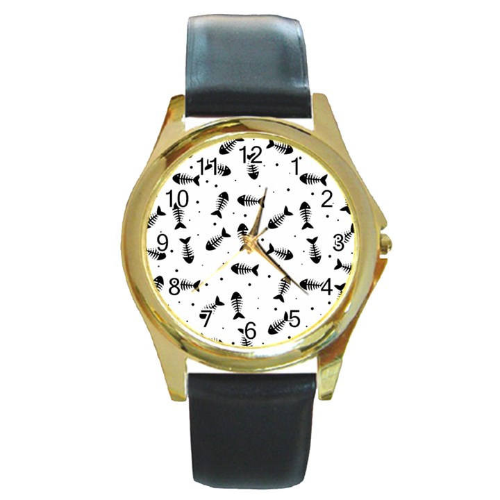 Fish bones pattern Round Gold Metal Watch