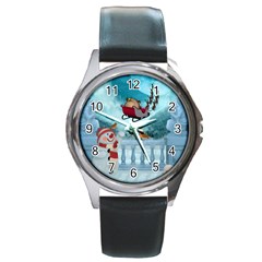 Christmas Design, Santa Claus With Reindeer In The Sky Round Metal Watch by FantasyWorld7