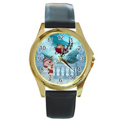 Christmas Design, Santa Claus With Reindeer In The Sky Round Gold Metal Watch by FantasyWorld7