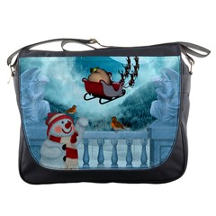 Christmas Design, Santa Claus With Reindeer In The Sky Messenger Bags by FantasyWorld7