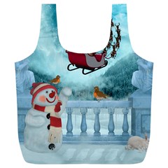 Christmas Design, Santa Claus With Reindeer In The Sky Full Print Recycle Bags (l)  by FantasyWorld7