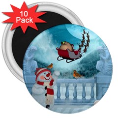 Christmas Design, Santa Claus With Reindeer In The Sky 3  Magnets (10 Pack)  by FantasyWorld7