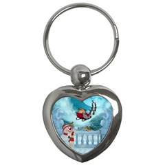 Christmas Design, Santa Claus With Reindeer In The Sky Key Chains (heart)  by FantasyWorld7