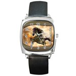 Steampunk, Wonderful Steampunk Horse With Clocks And Gears, Golden Design Square Metal Watch