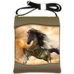 Steampunk, Wonderful Steampunk Horse With Clocks And Gears, Golden Design Shoulder Sling Bags