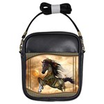 Steampunk, Wonderful Steampunk Horse With Clocks And Gears, Golden Design Girls Sling Bags