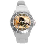 Steampunk, Wonderful Steampunk Horse With Clocks And Gears, Golden Design Round Plastic Sport Watch (L)