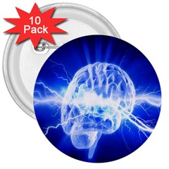 Lightning Brain Blue 3  Buttons (10 Pack) 