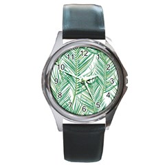 Jungle Fever Green Leaves Round Metal Watch