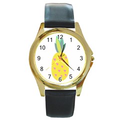 Pineapple Fruite Yellow Triangle Pink Round Gold Metal Watch by Mariart