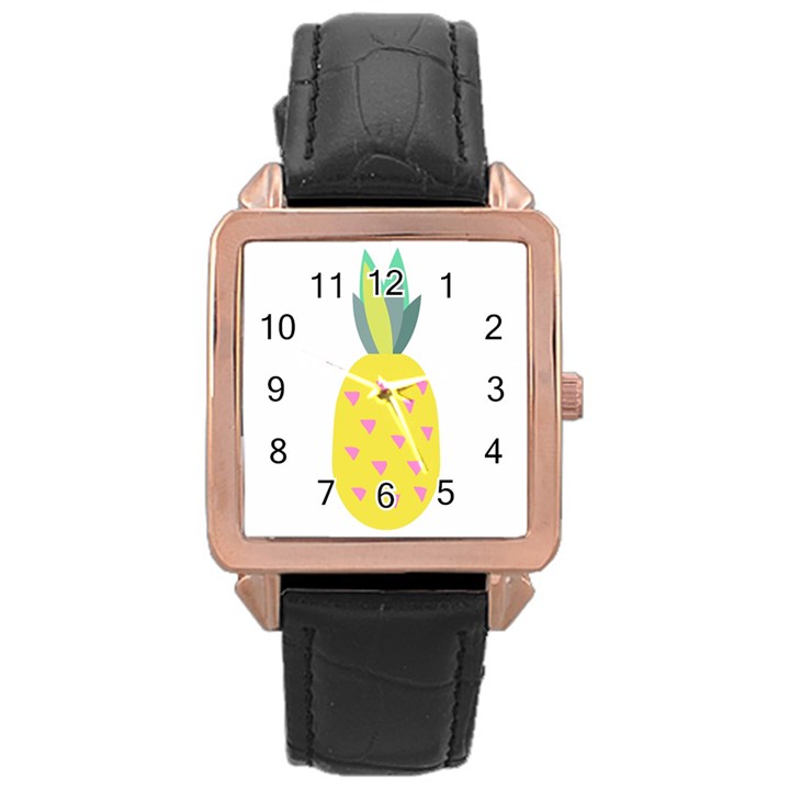 Pineapple Fruite Yellow Triangle Pink Rose Gold Leather Watch 