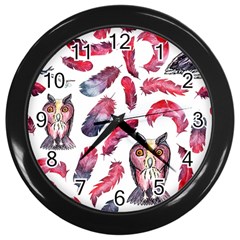 Boho Owl And Feather White Pattern Wall Clocks (black) by paulaoliveiradesign