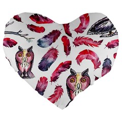 Boho Owl And Feather White Pattern Large 19  Premium Flano Heart Shape Cushions by paulaoliveiradesign