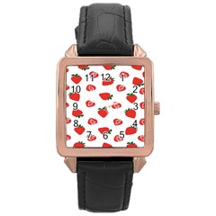 Red Fruit Strawberry Pattern Rose Gold Leather Watch  by Mariart