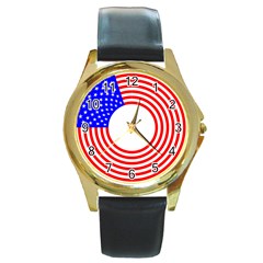 Stars Stripes Circle Red Blue Round Gold Metal Watch