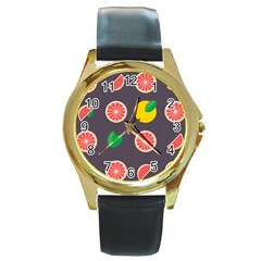 Wild Textures Grapefruits Pattern Lime Orange Round Gold Metal Watch