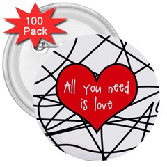 Love Abstract Heart Romance Shape 3  Buttons (100 Pack)  by Nexatart