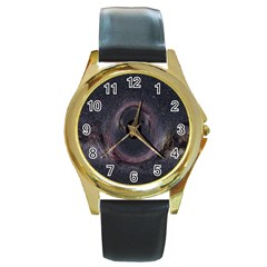 Black Hole Blue Space Galaxy Star Round Gold Metal Watch by Mariart