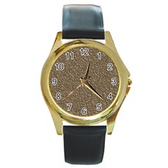 Leather Texture Brown Background Round Gold Metal Watch