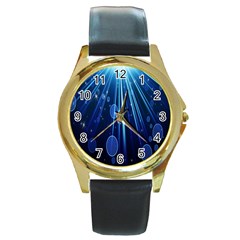 Blue Rays Light Stars Space Round Gold Metal Watch