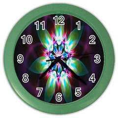 Colorful Fractal Flower Star Green Purple Color Wall Clocks by Mariart