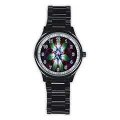 Colorful Fractal Flower Star Green Purple Stainless Steel Round Watch