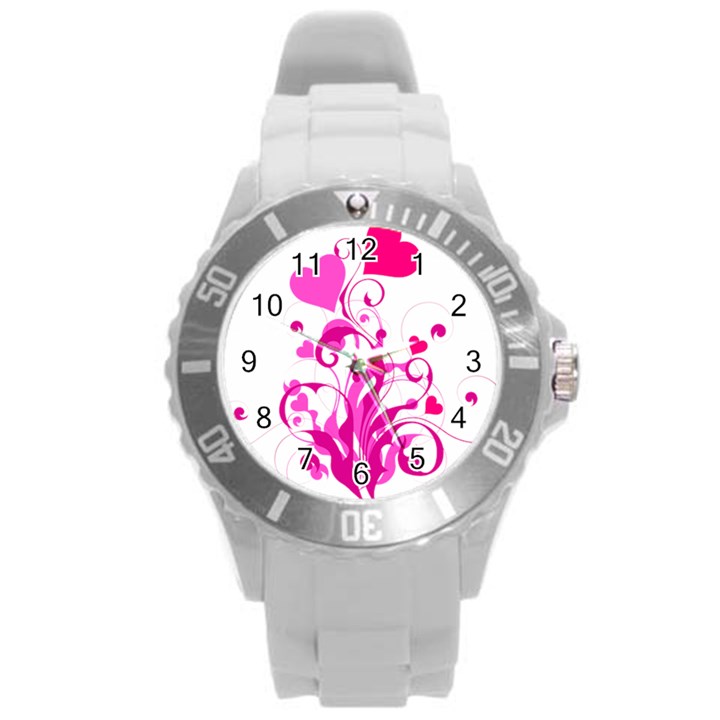 Heart Flourish Pink Valentine Round Plastic Sport Watch (L)