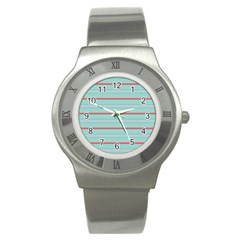 Horizontal Line Blue Red Stainless Steel Watch