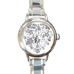 Grayscale Floral Heart Background Round Italian Charm Watch