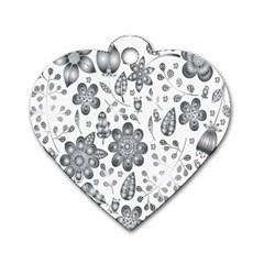 Grayscale Floral Heart Background Dog Tag Heart (Two Sides)