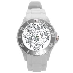 Grayscale Floral Heart Background Round Plastic Sport Watch (L)