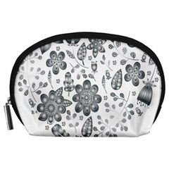 Grayscale Floral Heart Background Accessory Pouches (Large) 