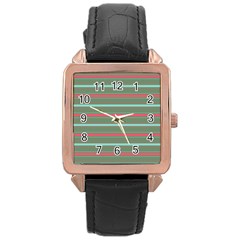 Horizontal Line Red Green Rose Gold Leather Watch  by Mariart