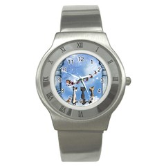 Christmas, Cute Cats Looking In The Sky To Santa Claus Stainless Steel Watch by FantasyWorld7