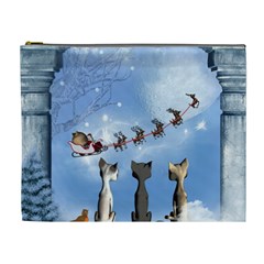 Christmas, Cute Cats Looking In The Sky To Santa Claus Cosmetic Bag (xl) by FantasyWorld7