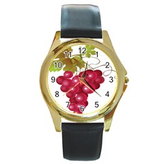 Red Fruit Grape Round Gold Metal Watch by Mariart