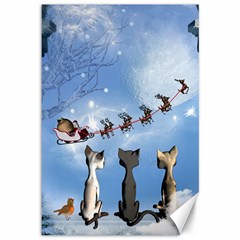 Christmas, Cute Cats Looking In The Sky To Santa Claus Canvas 12  X 18   by FantasyWorld7