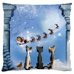 Christmas, Cute Cats Looking In The Sky To Santa Claus Large Cushion Case (two Sides) by FantasyWorld7