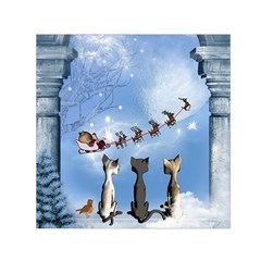 Christmas, Cute Cats Looking In The Sky To Santa Claus Small Satin Scarf (square)  by FantasyWorld7