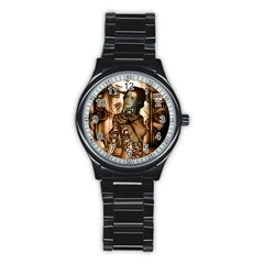 Steampunk, Steampunk Women With Clocks And Gears Stainless Steel Round Watch by FantasyWorld7