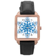 Snowflakes Blue Flower Rose Gold Leather Watch 